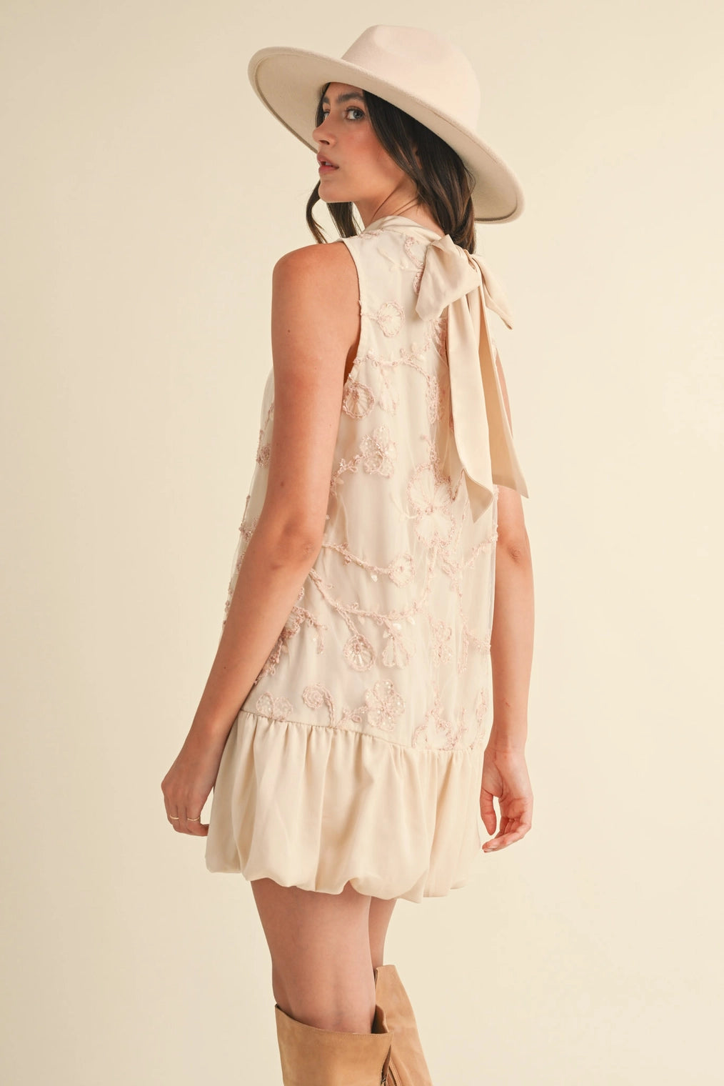 Bubble Hem Embellished Mixed Media Mini Dress - Creamy Blush