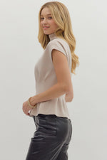 Butter Soft Mock Neck Top featuring Pleated Waist Shaping- Oatmeal