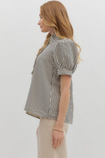Black Striped Puff Sleeve Top featuring Ruffle Accent Hidden Placket Closure