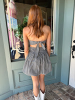 Black and White Gingham Strapless Bubble Mini Dress with Tie Back