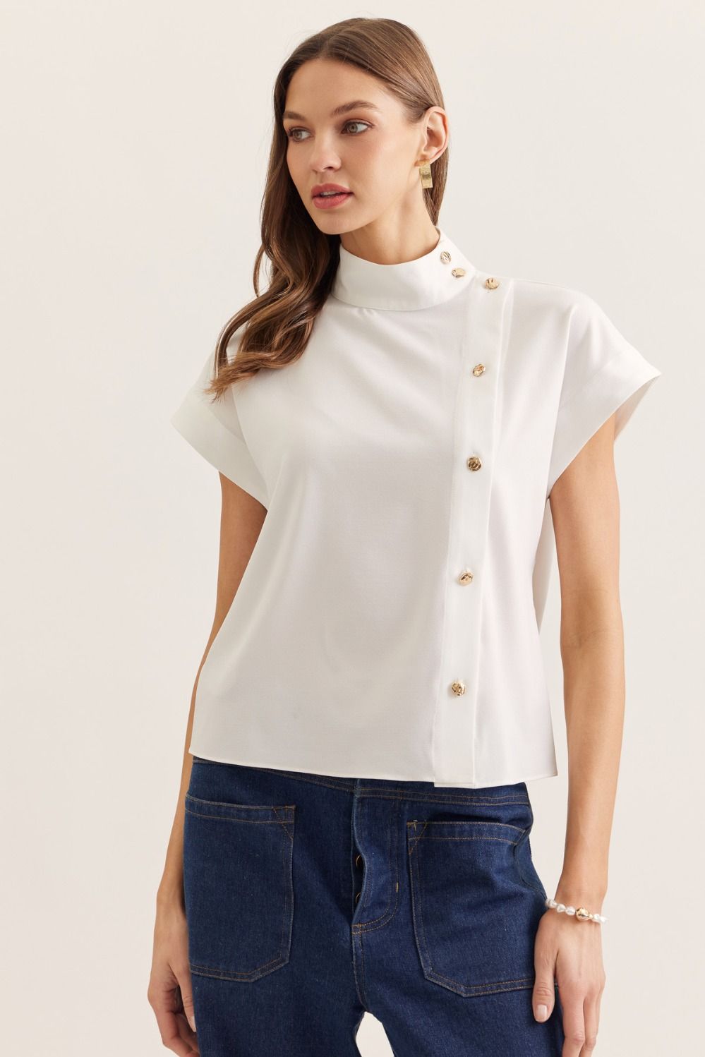 Millie Gold Button Detail Mock Neck Top