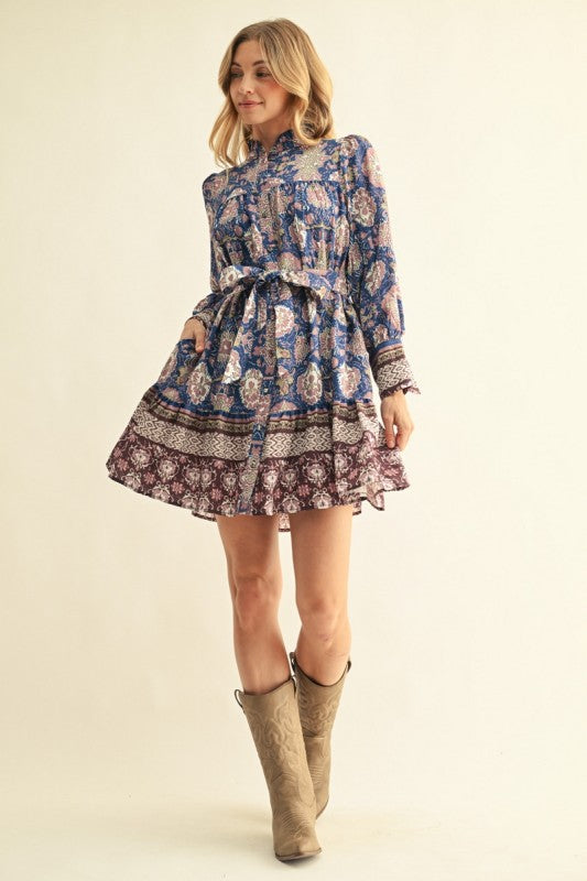 Blue/Mauve Floral Tie Waist Mini Dress