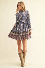 Blue/Mauve Floral Tie Waist Mini Dress