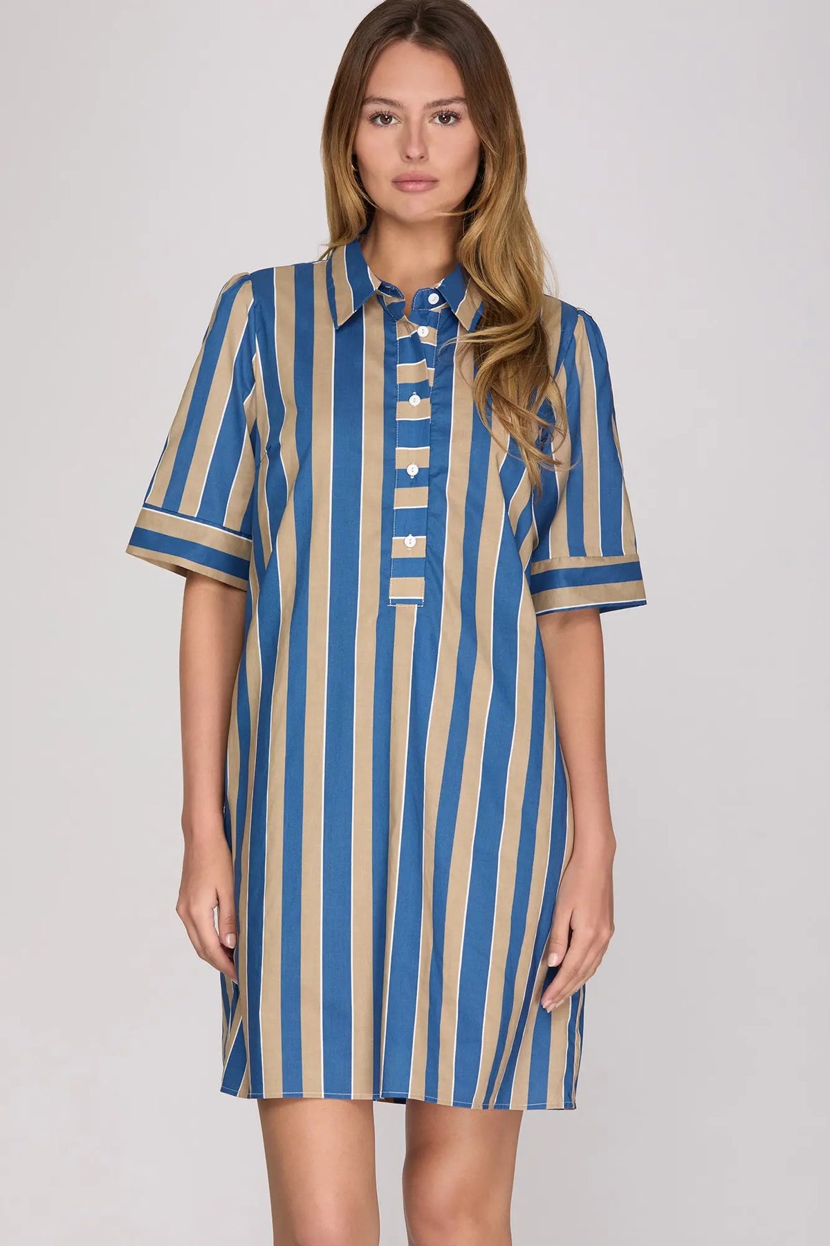 Hampton Striped Shirt Dress-Blue/Taupe
