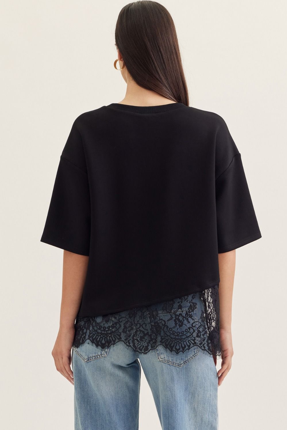 Gia Scallop Lace Hem Knit Top- Black