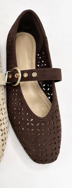 Ciara Laser Cut Square Toe Mary Jane Ballet Flats- Brown Suede