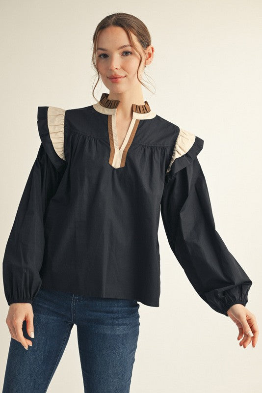 Ruffle Shoulder Accent Color Block Top
