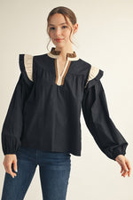 Ruffle Shoulder Accent Color Block Top