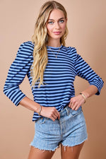 Tucker Striped Slim Fit Puff Shoulder 3/4 Sleeve Top -Navy/Sky