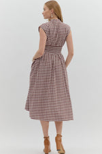 Mocha Gingham Zip Front Midi Dress with Side Pockets