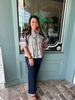 3/4 Sleeve Floral Top with Navy Accent