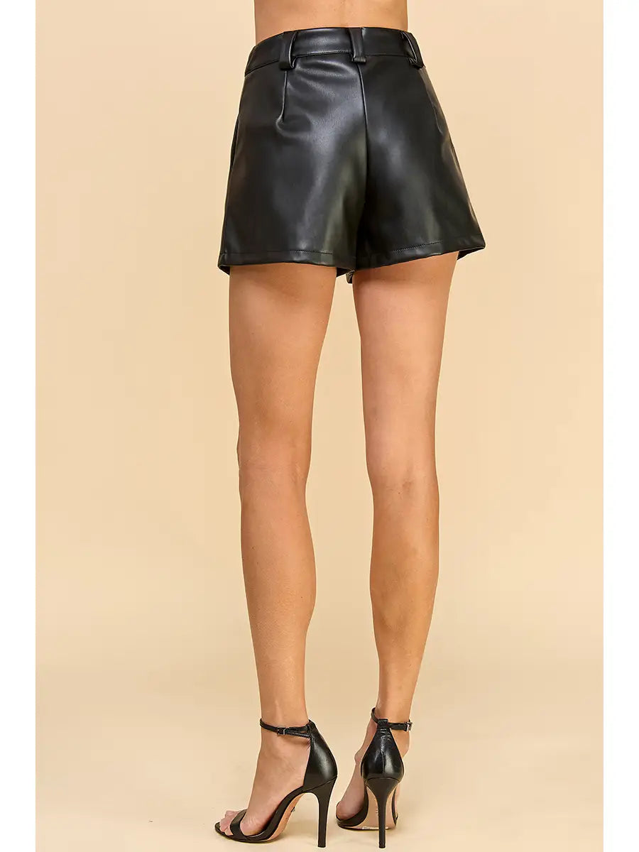 Black Faux Leather Pleated Detail Shorts with Side Pockets