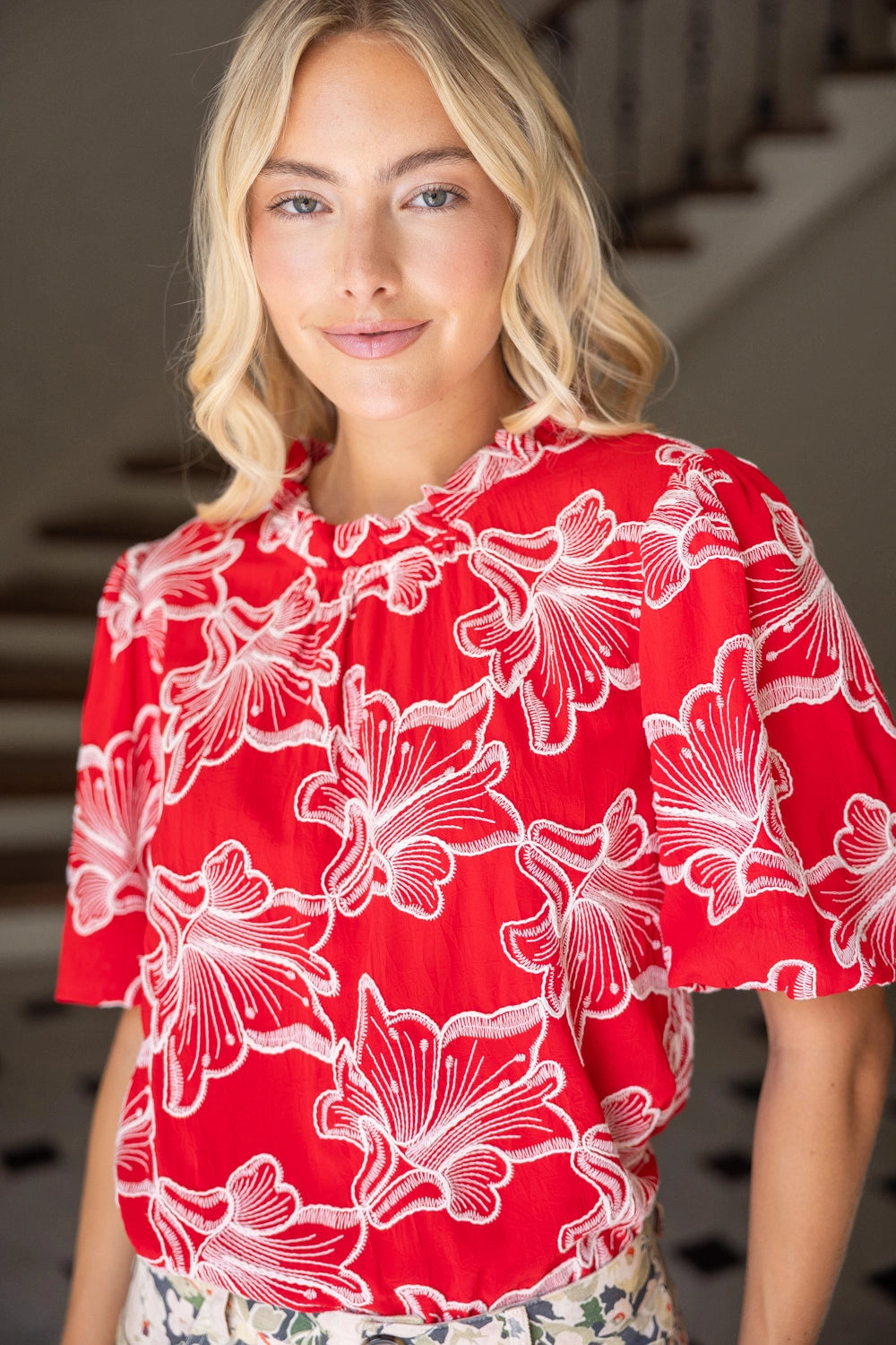 Maya Ruffled Round NeckFloral Embroidered Top- Red
