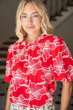 Maya Ruffled Round NeckFloral Embroidered Top- Red