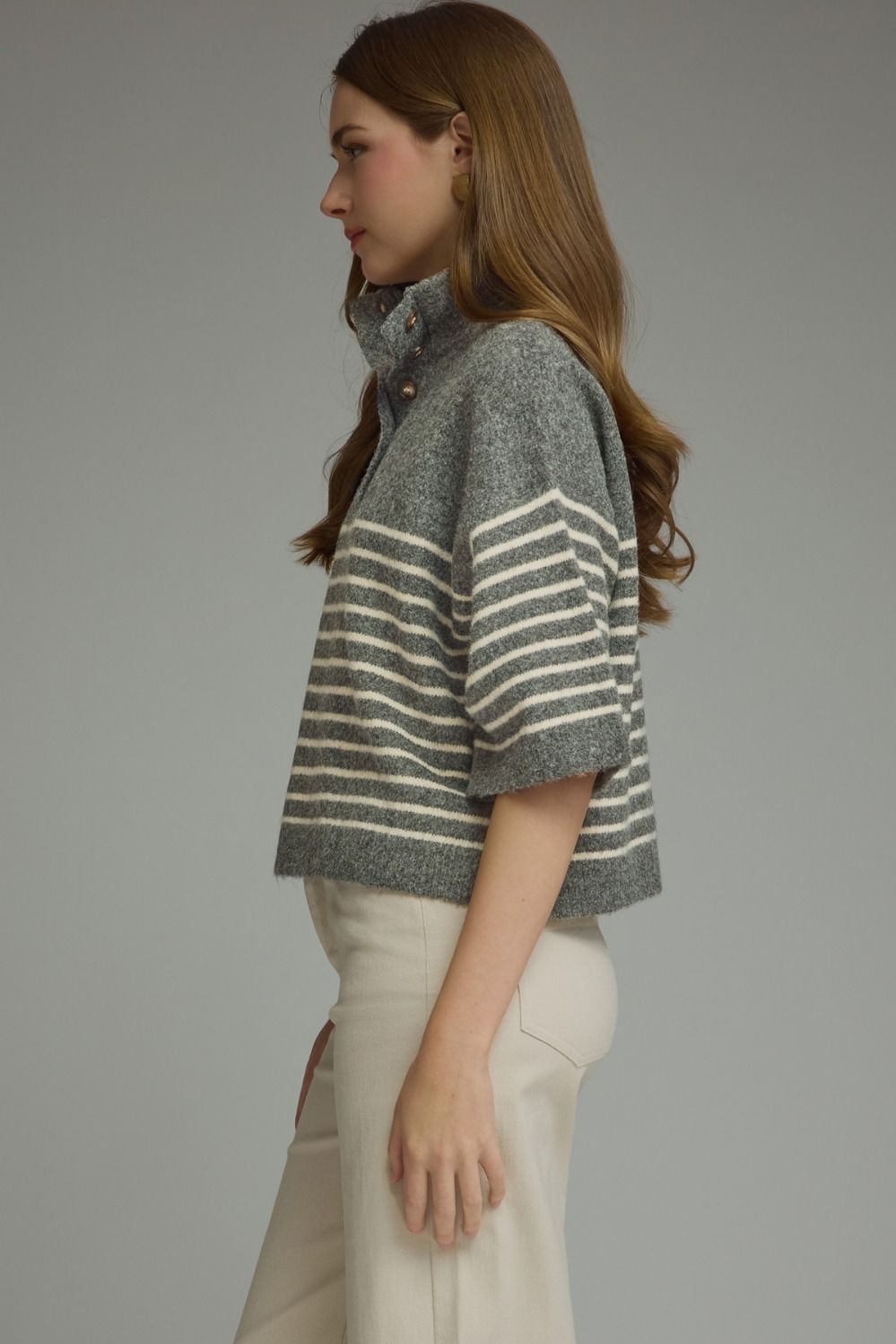 Gray Striped Collar Boxy Sweater Top