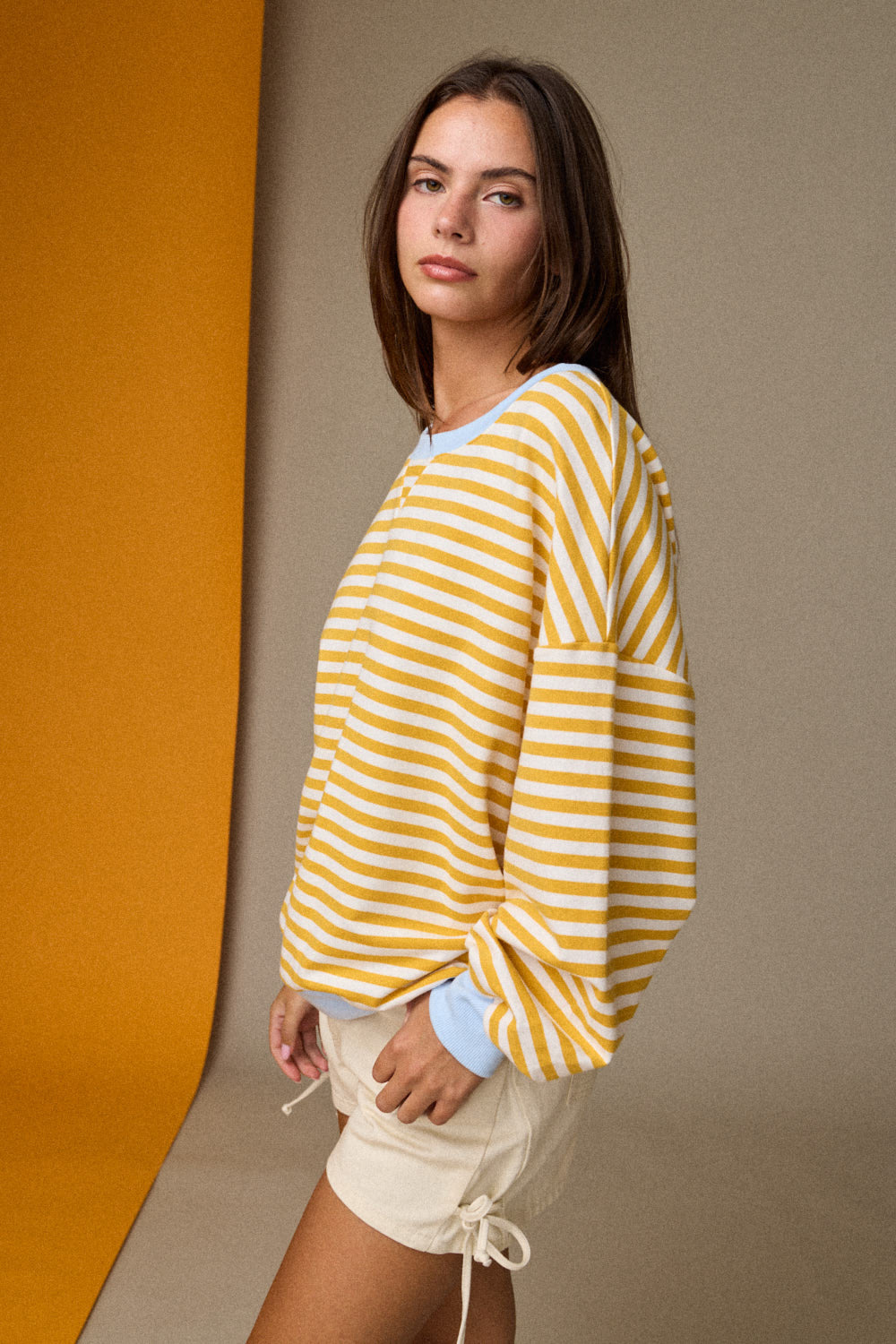 Callie Relaxed Stripe Top with Contrast Trim -Yellow/Blue