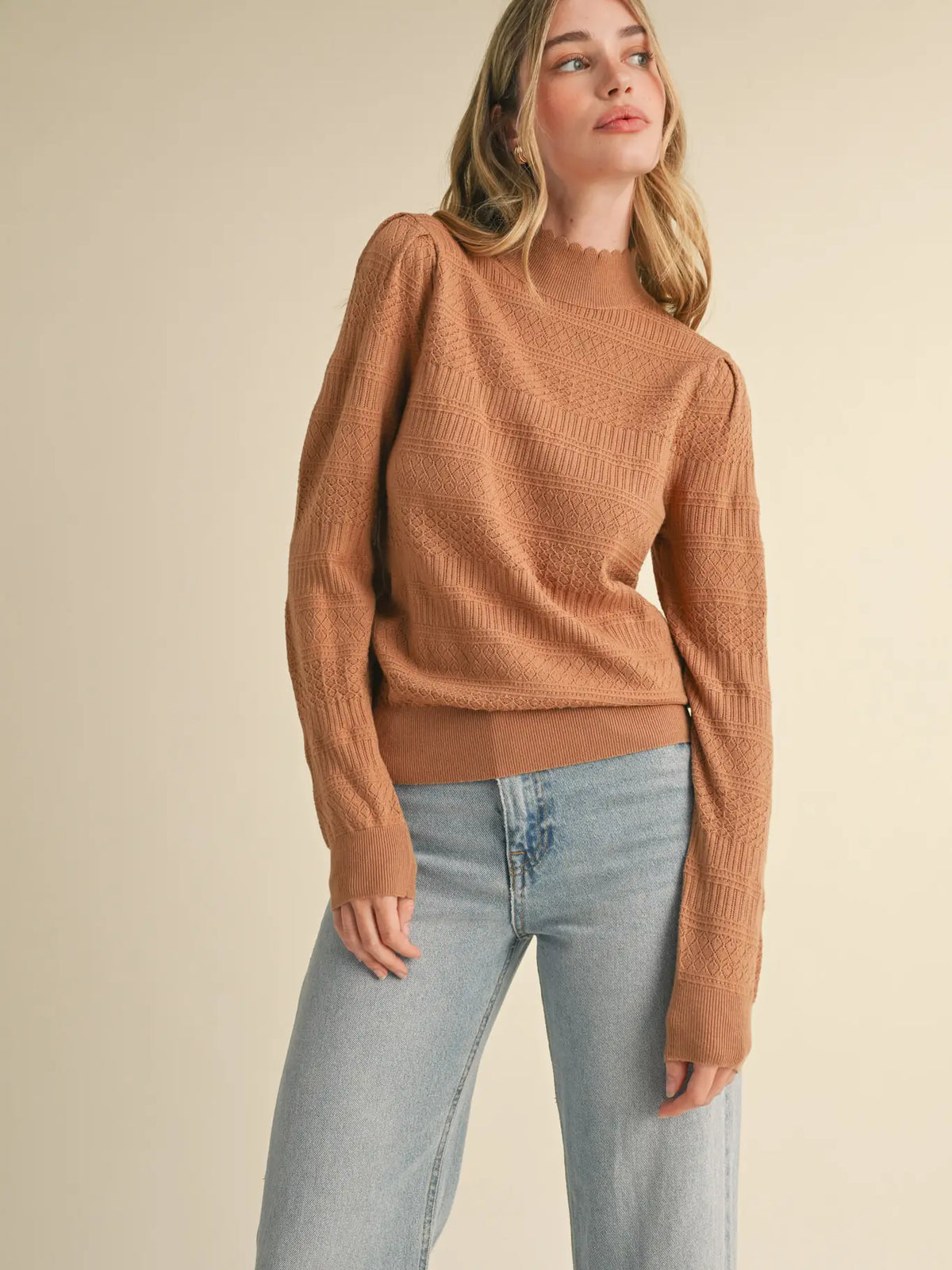 Lightweight Pointelle Mock Neck Sweater- French Beige