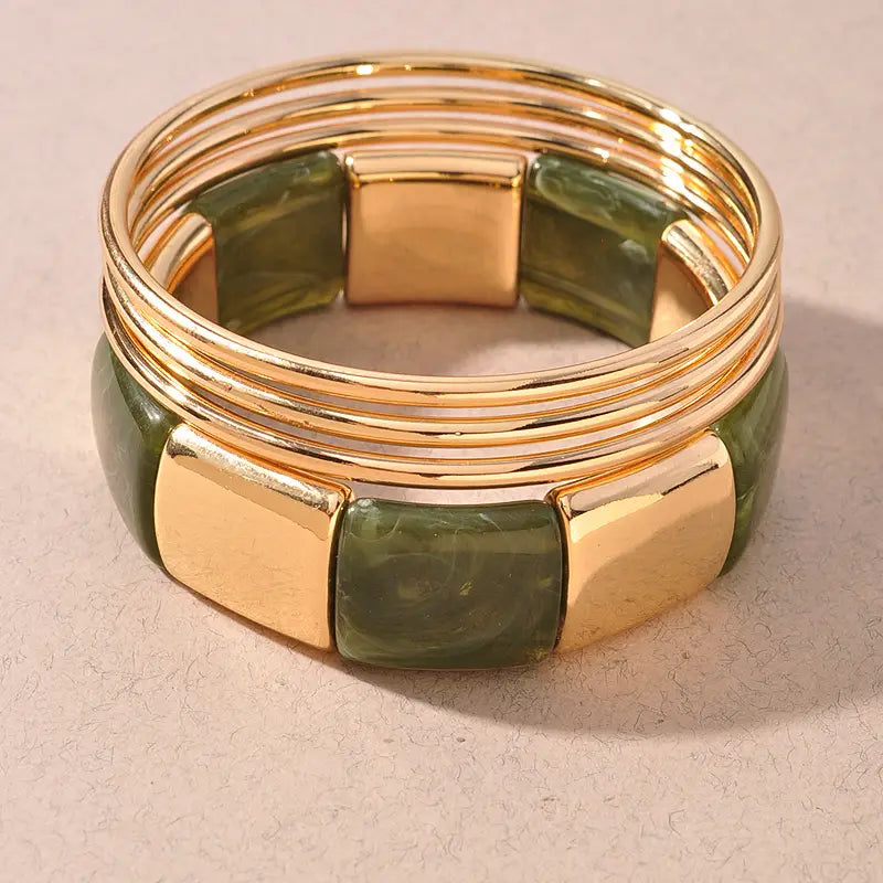 MARBLE RESIN BANGLE BRACELET SET- Gold/Olive