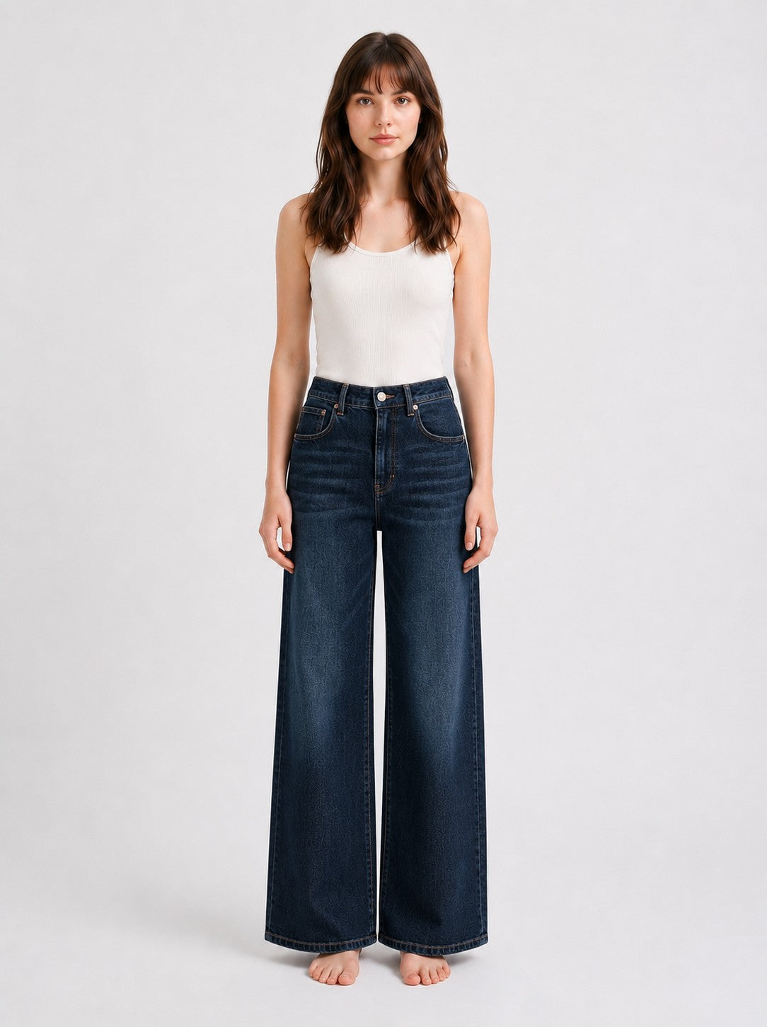 Wide Leg Full Length Vintage Wash Denim- Dark