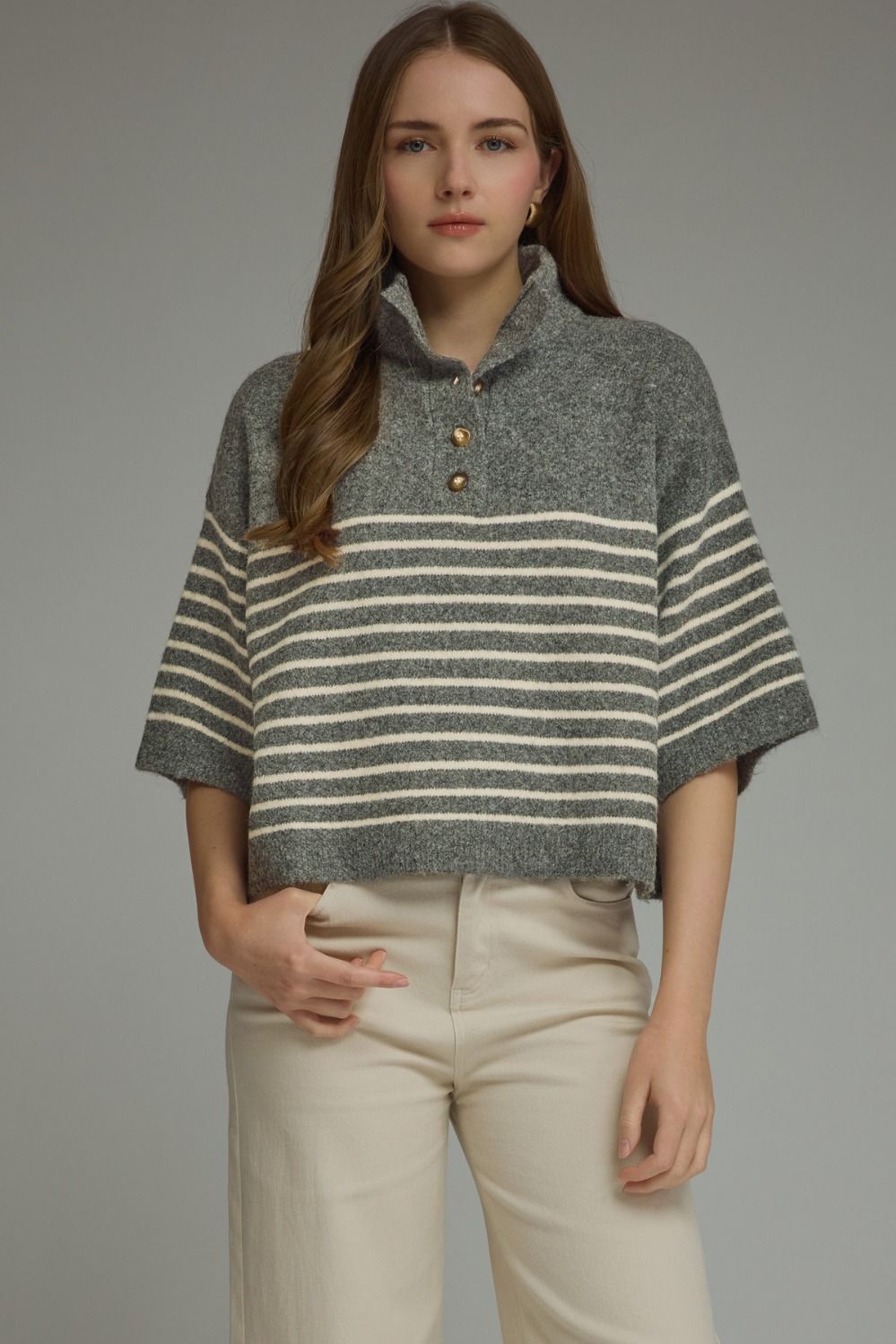 Gray Striped Collar Boxy Sweater Top