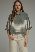 Gray Striped Collar Boxy Sweater Top