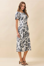 Black Toile Print Fitted Waist Puff Sleeves Midi