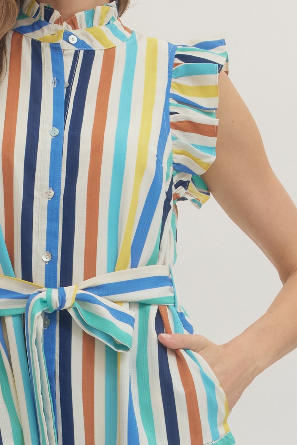 Pheobe Striped Button Down Midi Dress with Self Tie Waist