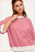 Tomato Red Striped Short Sleeve Crew Neck