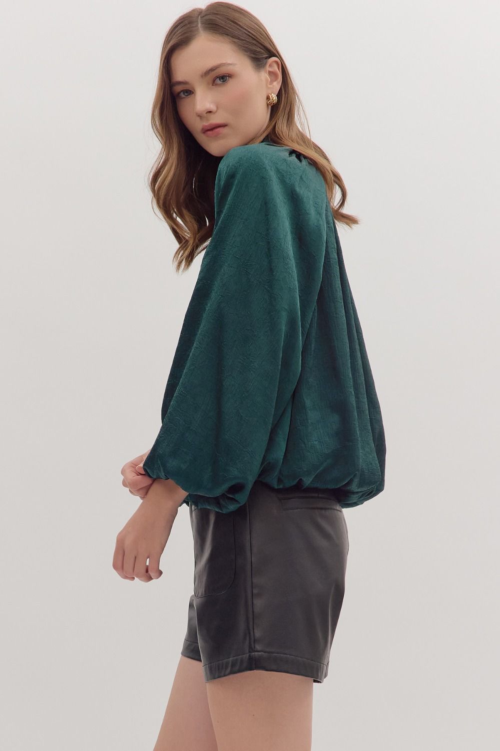 Shiny Hunter Green Bubble Hem Long Sleeve Top