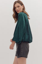 Shiny Hunter Green Bubble Hem Long Sleeve Top
