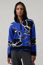Carrey Floral Zip Up Sweater- Cobalt