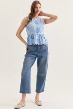 Mila Embroided Light Blue Peplum Top