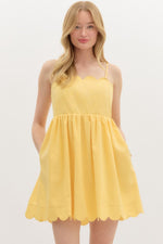 Lemon Scallop Mini Dress with Bow Back Tie Detail