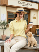 Bella Striped Button Down Puff Sleeve Top- Yellow