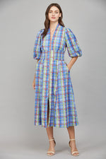 Periwinkle Olive Plaid Midi Dress featuring Zip Front and Side Pockets by FATE