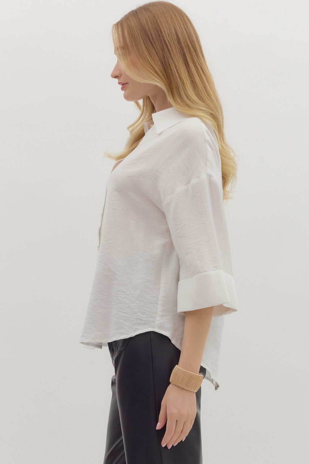 Solid Wide Cuff ¾ Sleeve Spread Collar Button Front Top