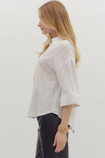Solid Wide Cuff ¾ Sleeve Spread Collar Button Front Top