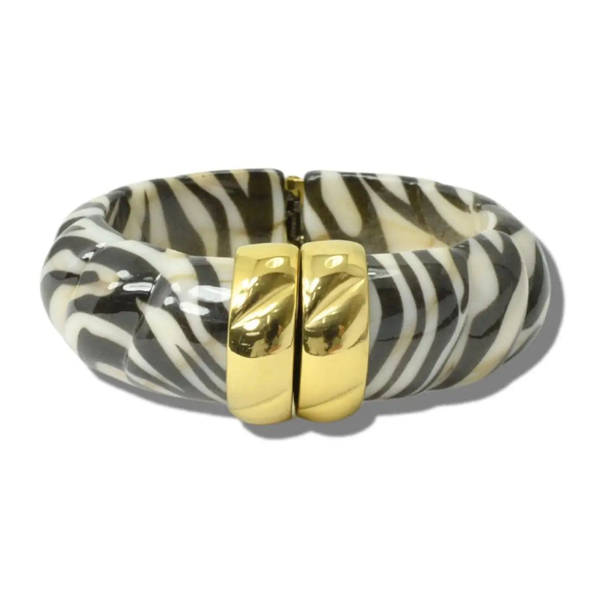 Marbled Resin and Metallic Accent Hinged Cuff Bracelet- Zebra