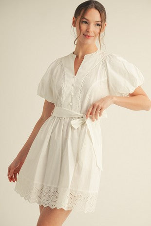 Sierra Belted Puff Sleeve Mini Dress- White