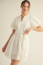 Sierra Belted Puff Sleeve Mini Dress- White