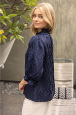Smocked Neck Zig Zag Textured Top- Navy