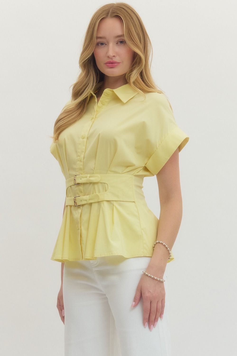 Poppy Button Down Top with Belted Detail at Waist- Lemon