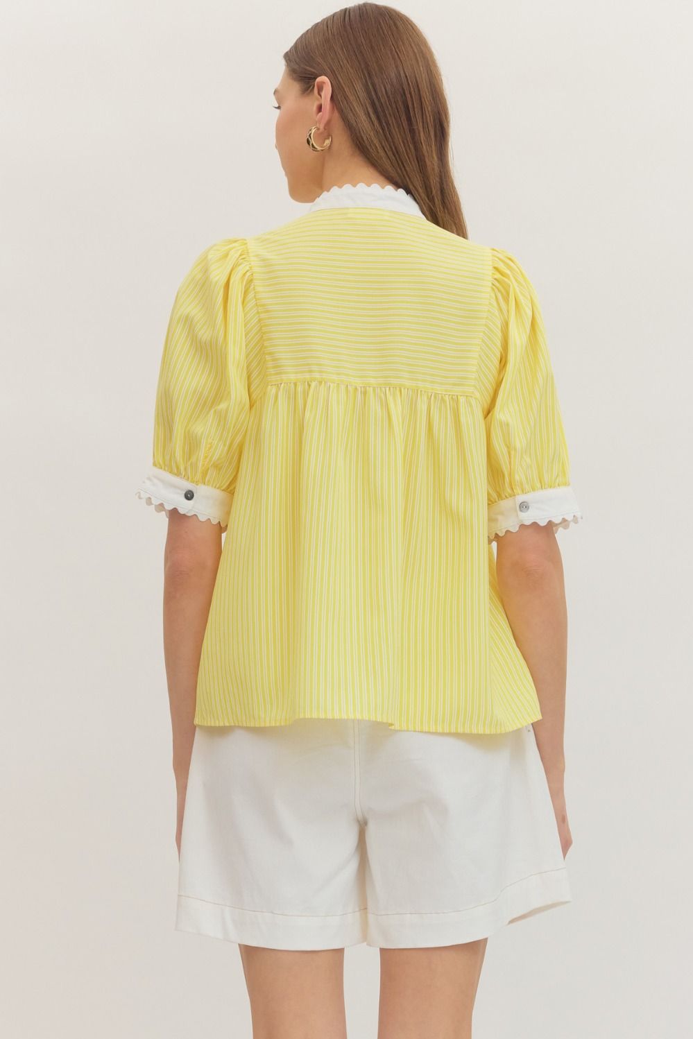 Bianca Yellow Pin Stripe Top with Scallop Trim Detail