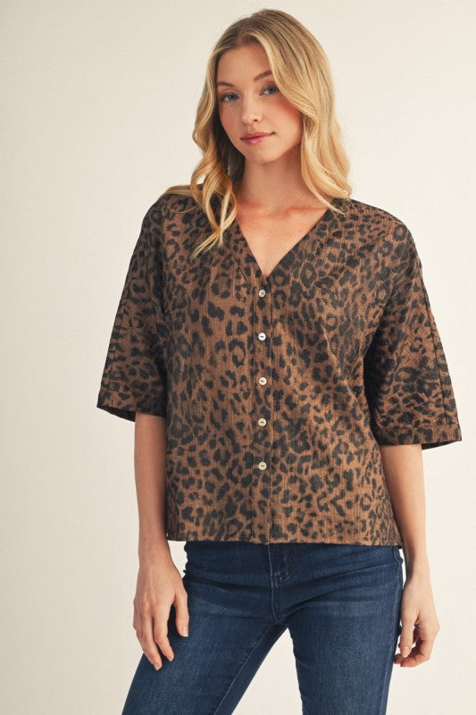 Leopard V Neck Button Front Top