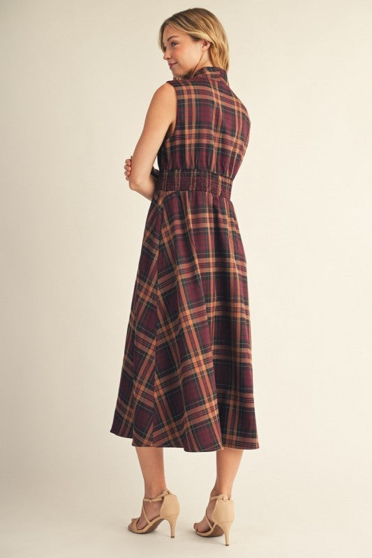 Fall Plaid Zip Front Midi Dress