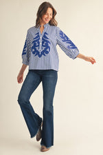 Baroque Striped Detail Top- Royal