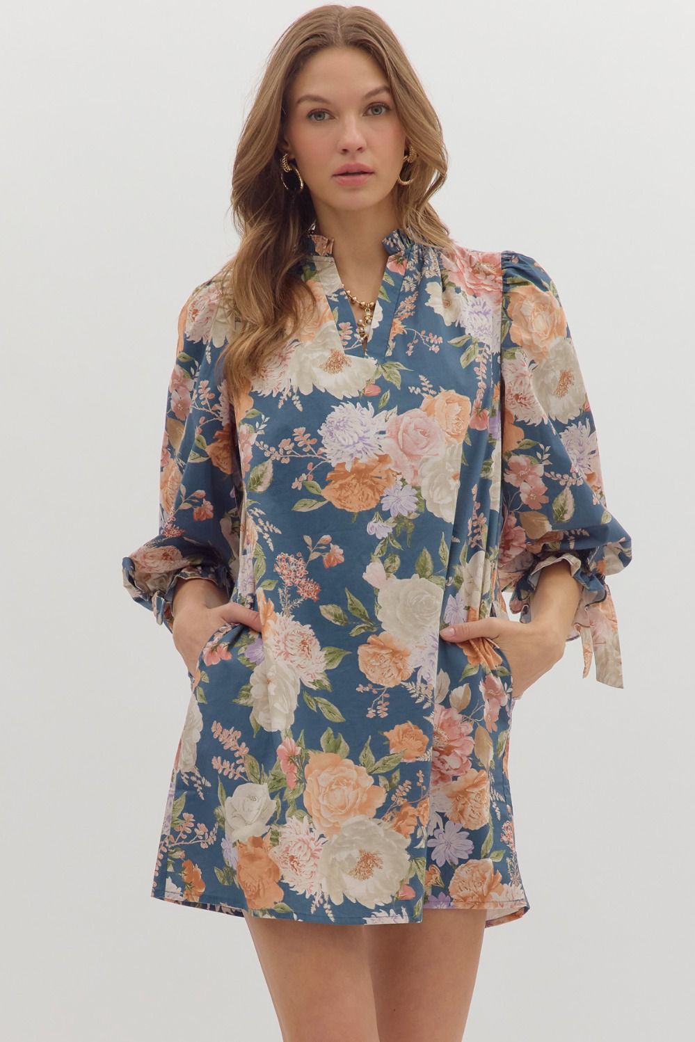 Roxie Floral Print Mini Dress featuring Fixed Bow Elbow Accent and Ruffle Neck
