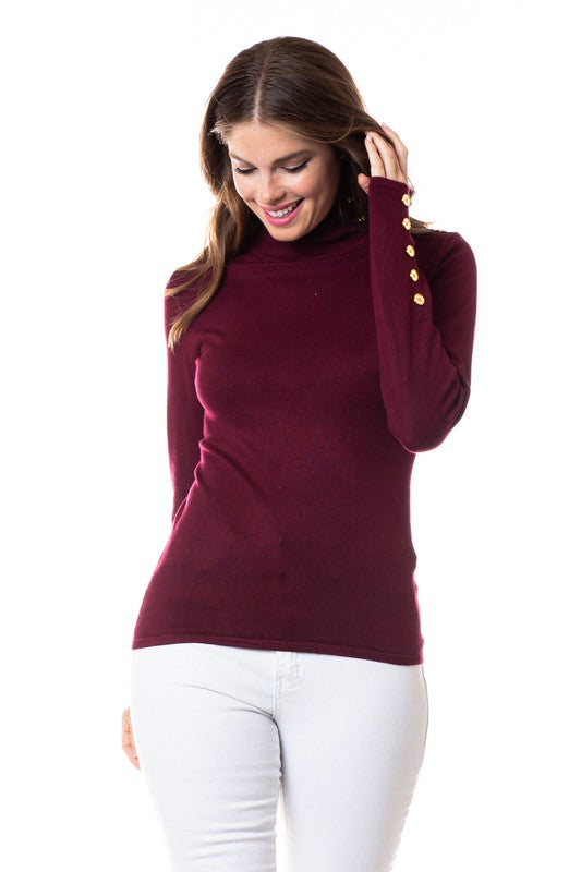 MOCK NECK GOLD BUTTON DETAIL KNIT TOP- AVAILABLE IN -Royal, Cream, Hunter , Gray, Charcoal, Burgundy, Black, Taupe S-XL