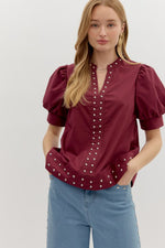 Maroon Cuff Band Puff Sleeve Top featuring Stud Accent Detai