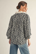 Standing Collar Black Boho Leaf Print Top
